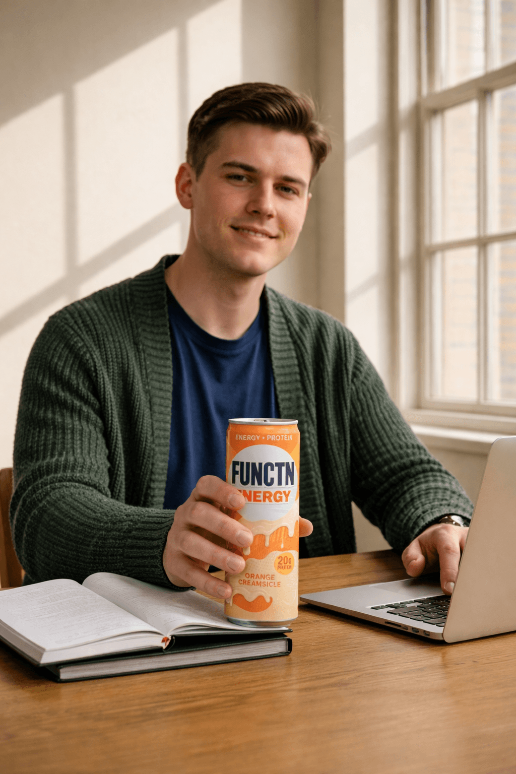 Man holding FUNCTN Energy can at desk