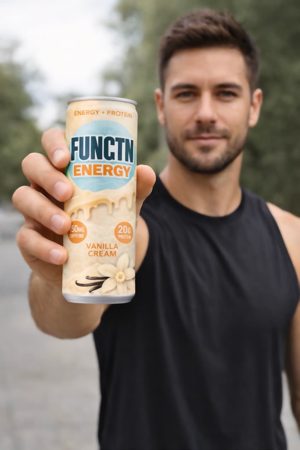 Man holding FUNCTN Energy Vanilla Cream can outdoors
