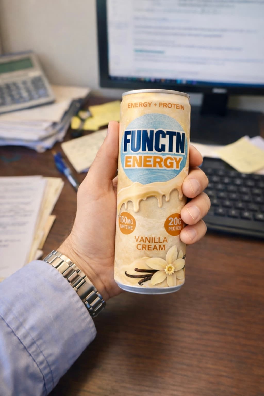 Hand holding FUNCTN Energy Vanilla Cream can at office desk