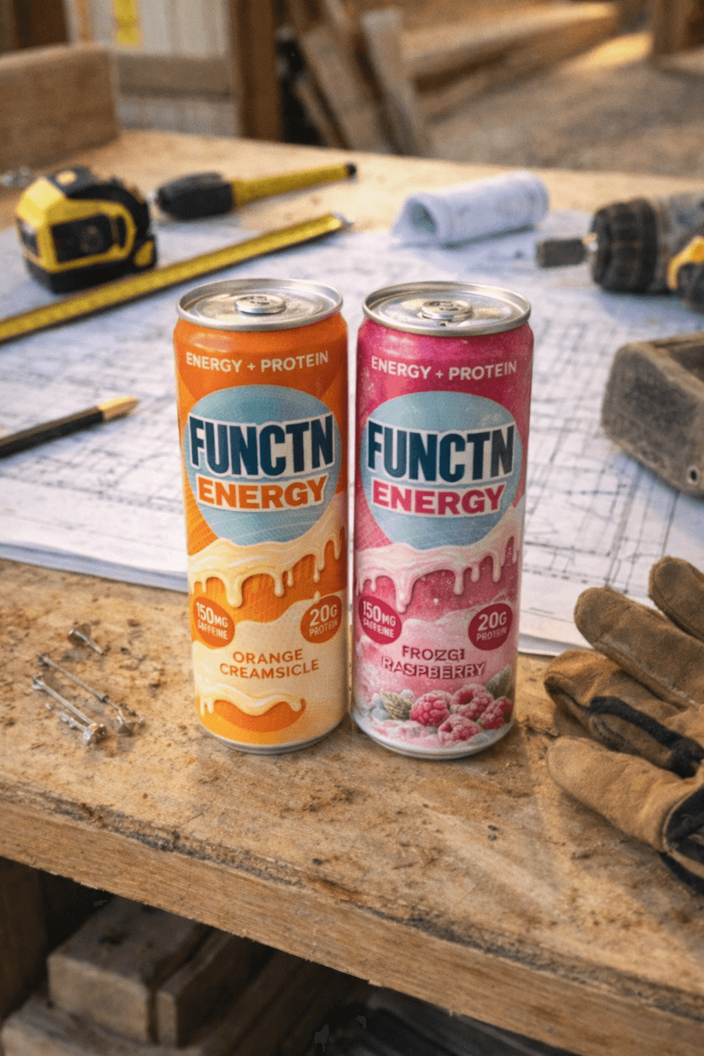 Two FUNCTN Energy cans on a workbench with tools