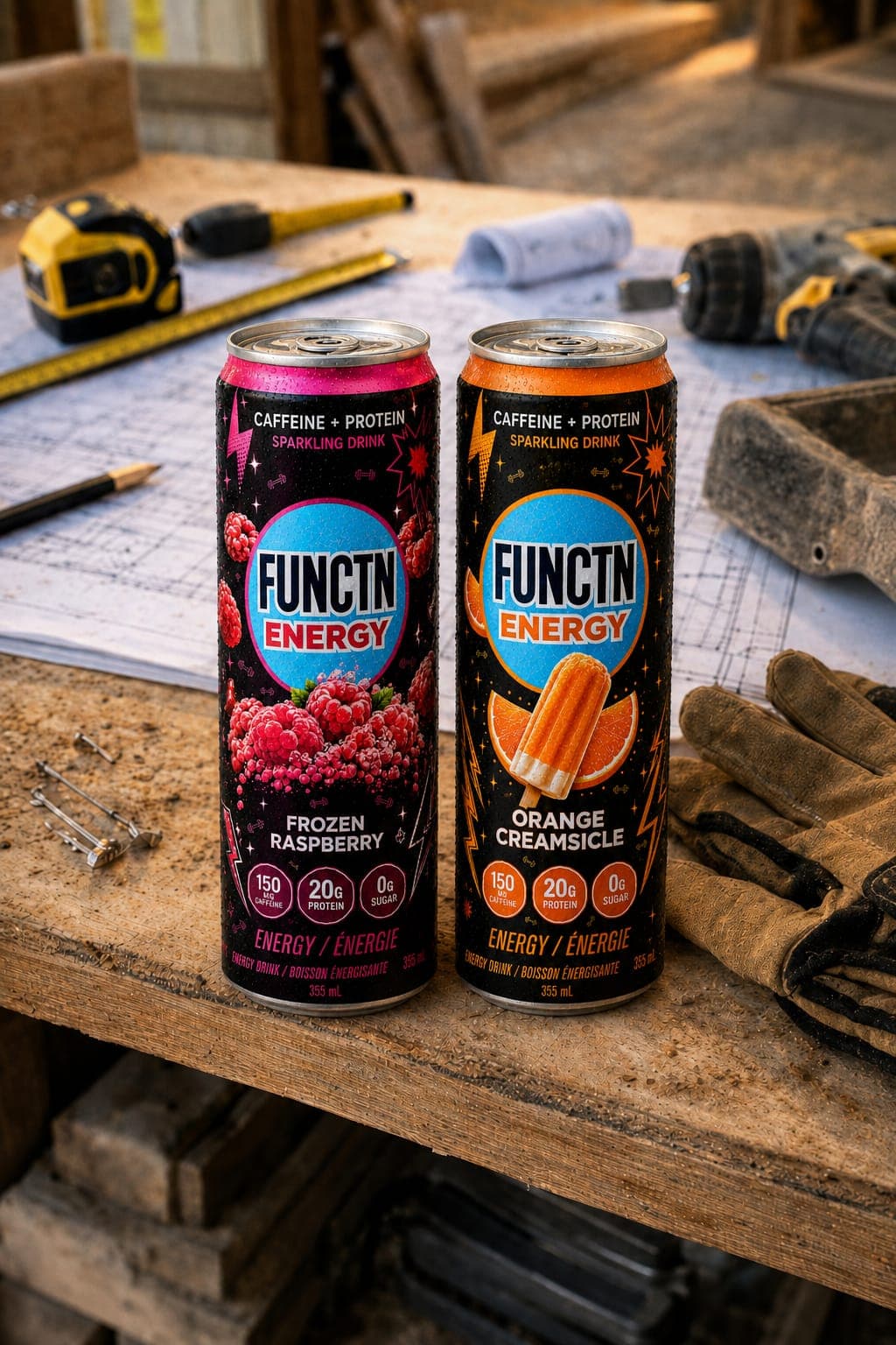 Two FUNCTN Energy cans on a workbench with tools